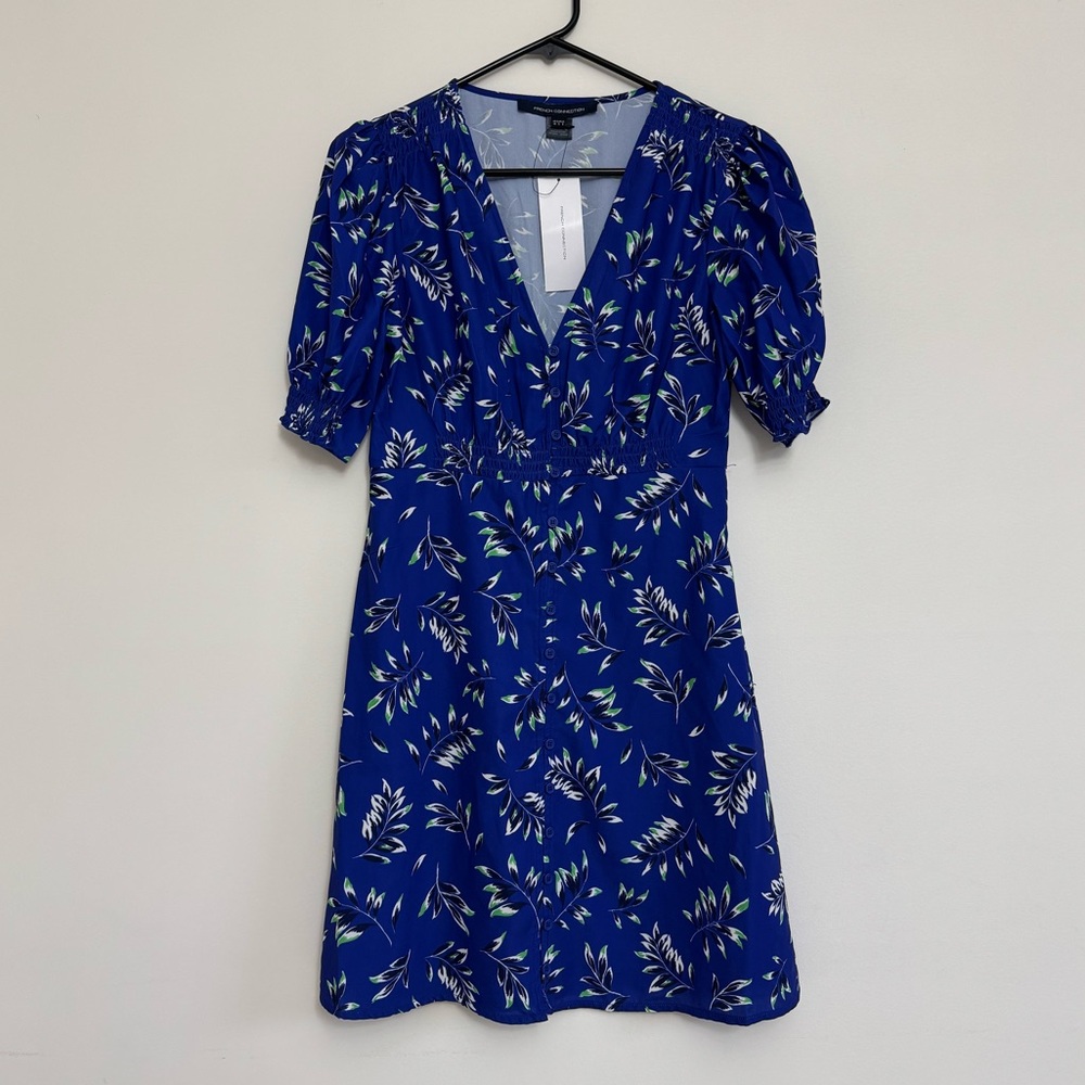 French Connection Clement Blue Feuille Tropical Print Smocked Mini Dress